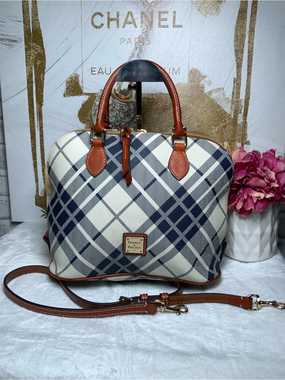 Dooney & Bourke Navy and Cream Plaid Satchel with Brown Leather Trim